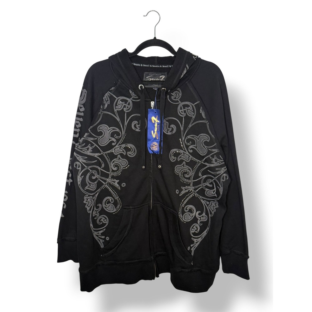 Seven7 Luxe Women's 3X Hooded Sweatshirt Black Zip Front Embellished Y2K NEW